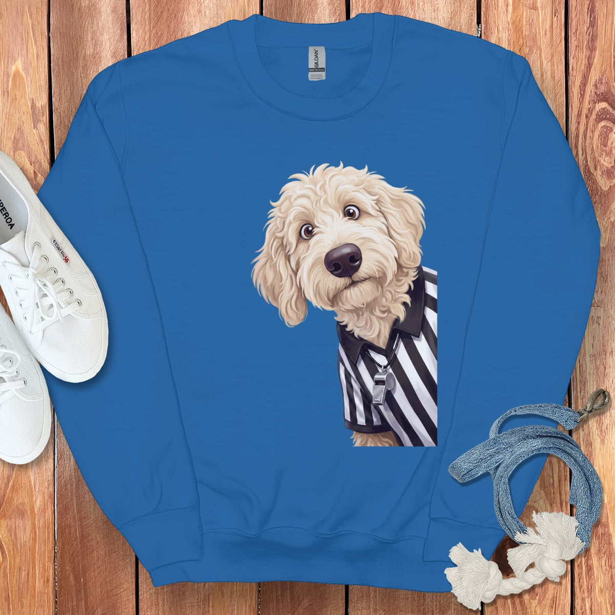 Cream Goldendoodle Football Referee Sweatshirt in Royal / S by Puppy Jo