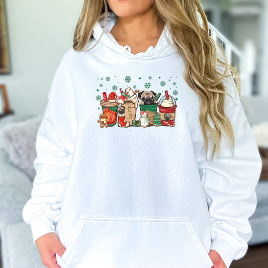 Christmas Pugs and Coffee Hoodie Sweatshirt - PuppyJo Hoodie S / White