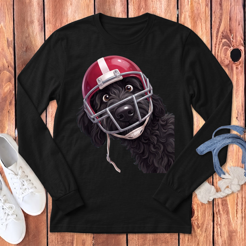 Black long-sleeve shirt with a black doodle dog wearing a red football helmet.