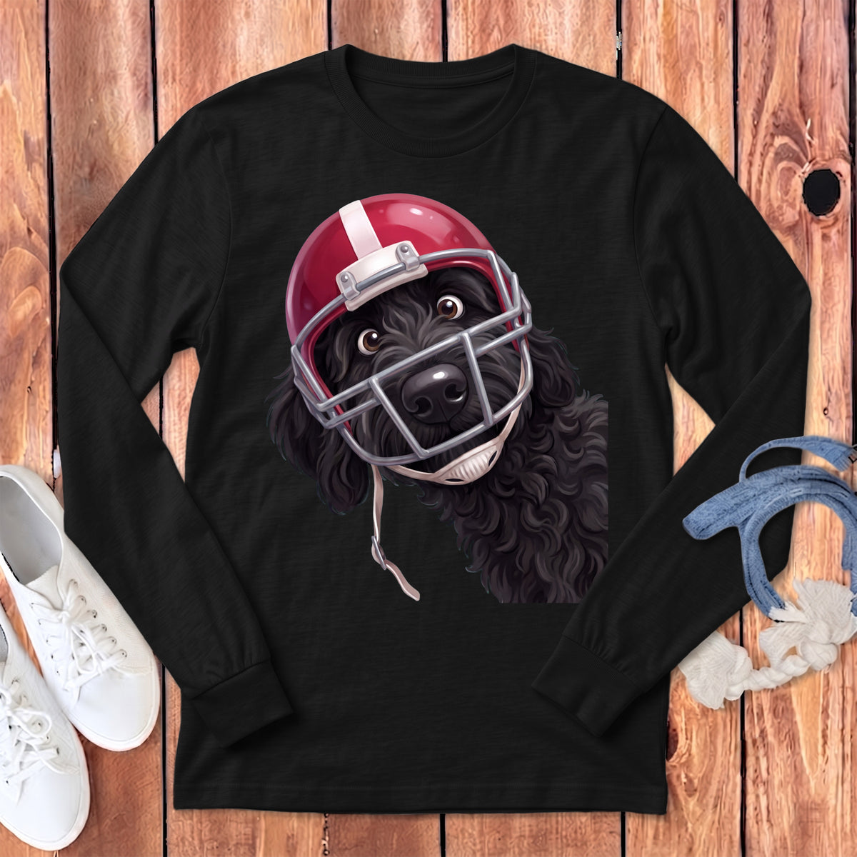 Black long-sleeve shirt with a black doodle dog wearing a red football helmet.