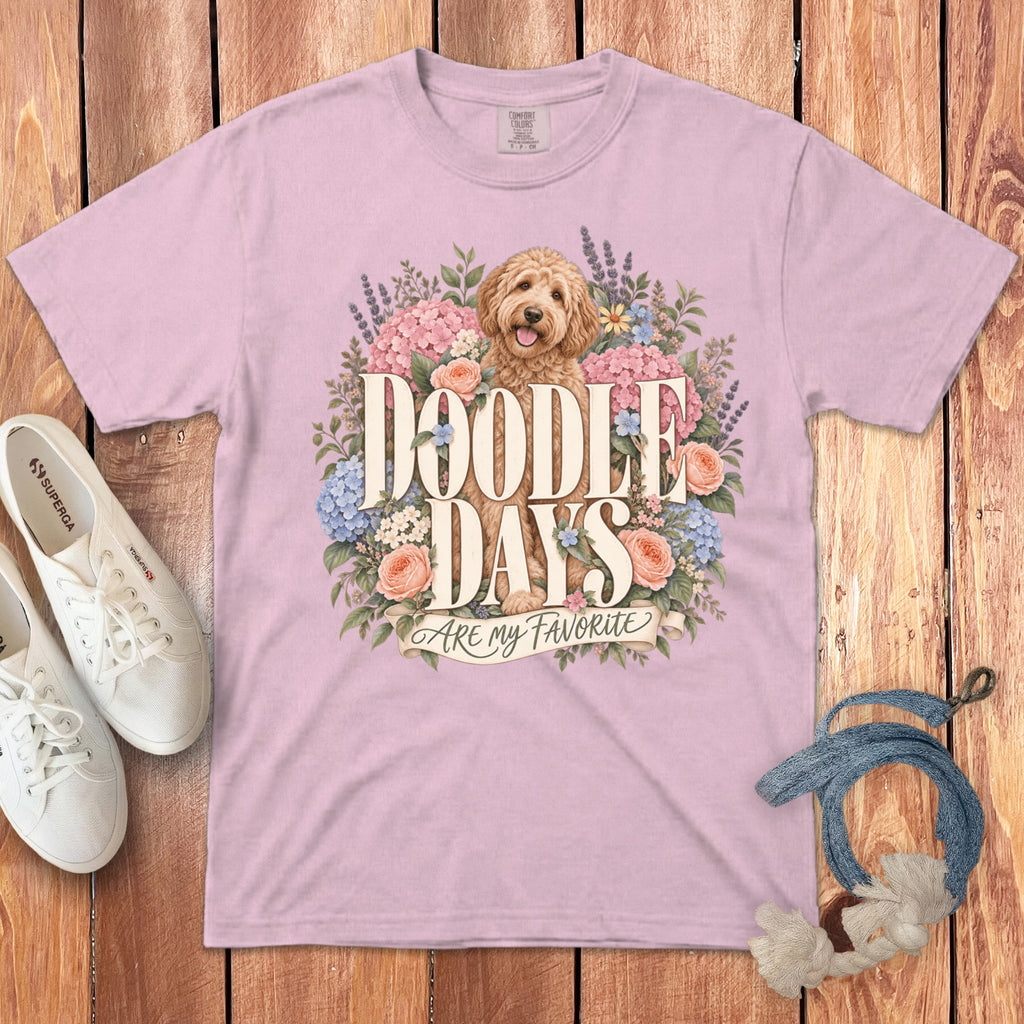 Pink t-shirt with doodle dog graphic and text "Doodle Days Are My Favorite".