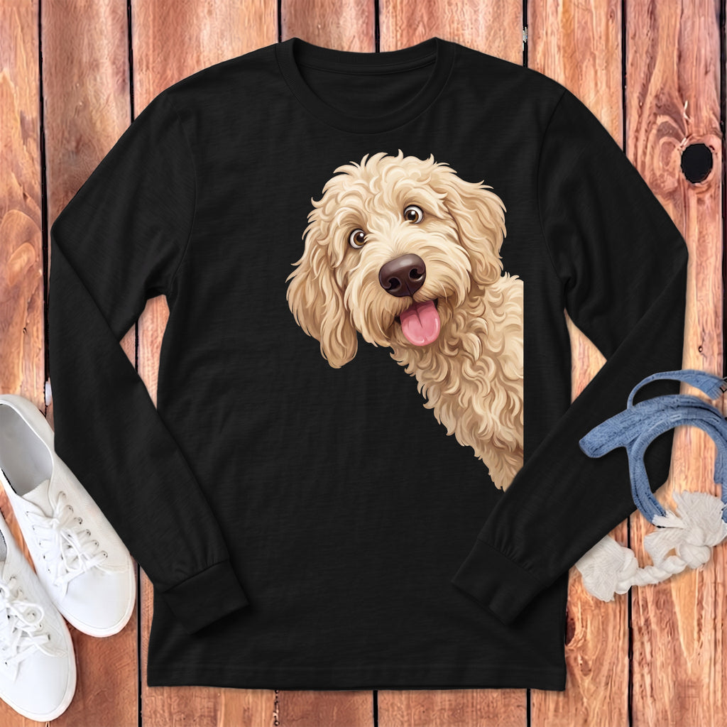 Black long sleeve t-shirt with a cartoon goldendoodle dog graphic peeking from the side.