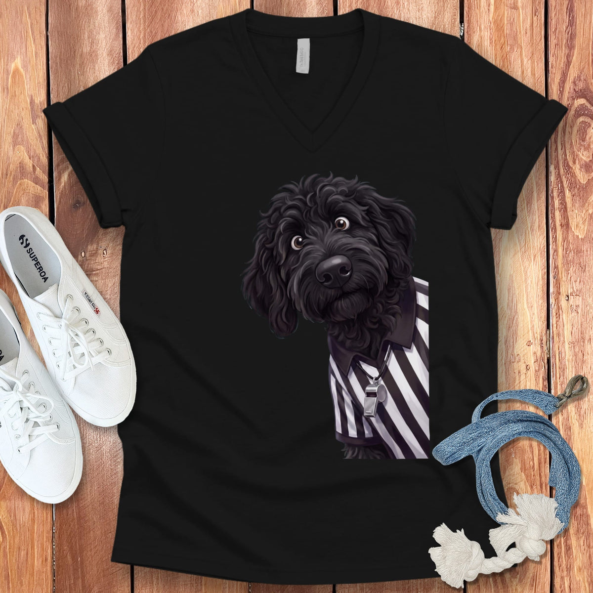 Black Goldendoodle Football Referee V-Neck T-Shirt in Black / S by Puppy Jo