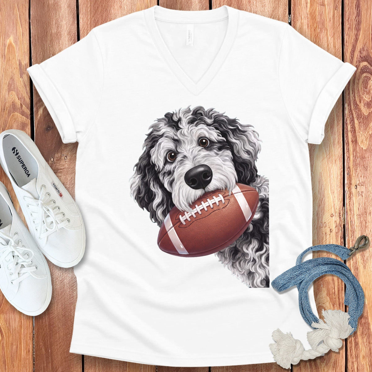 Merle Goldendoodle Football V-Neck T-Shirt in White / S by Puppy Jo