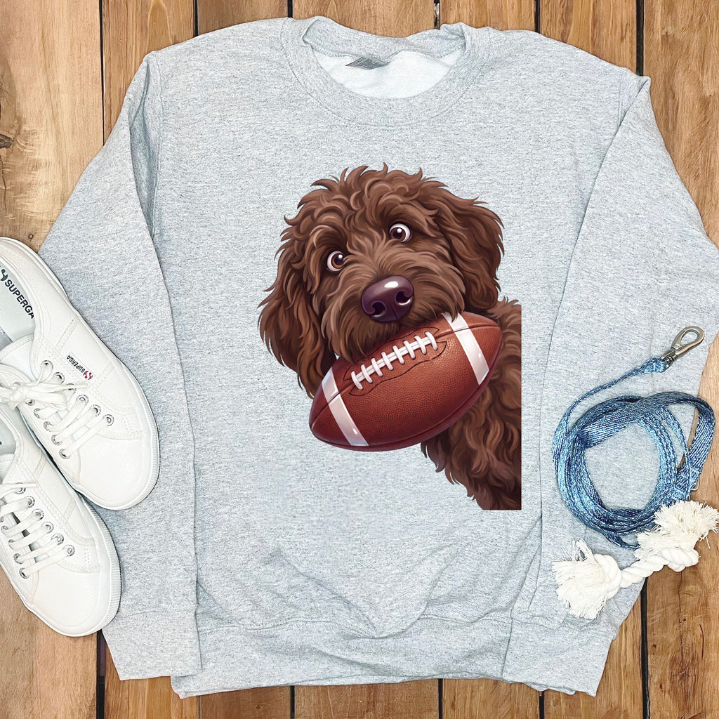 Chocolate Goldendoodle Football Sweatshirt in Sport Grey / S by Puppy Jo