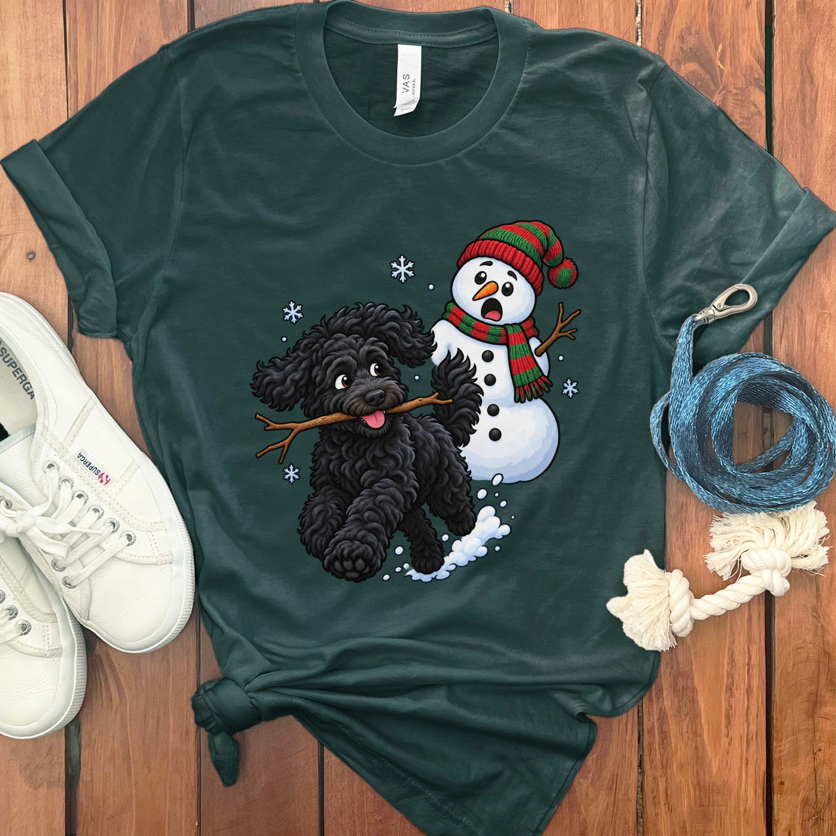 Black Goldendoodle Snowman T-Shirt in Forest / S by Puppy Jo