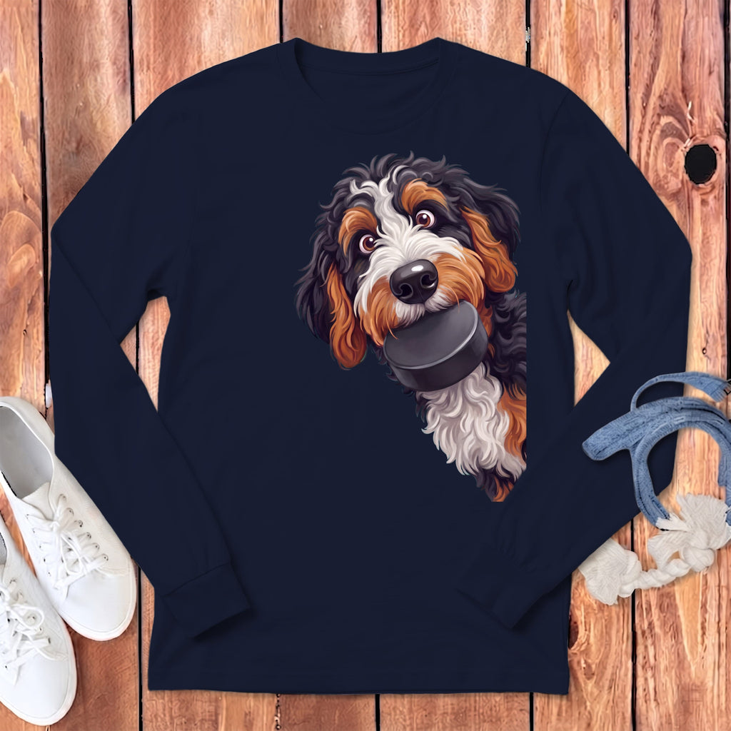 Bernedoodle Hockey Puck Long Sleeve T-Shirt in Navy / S by Puppy Jo