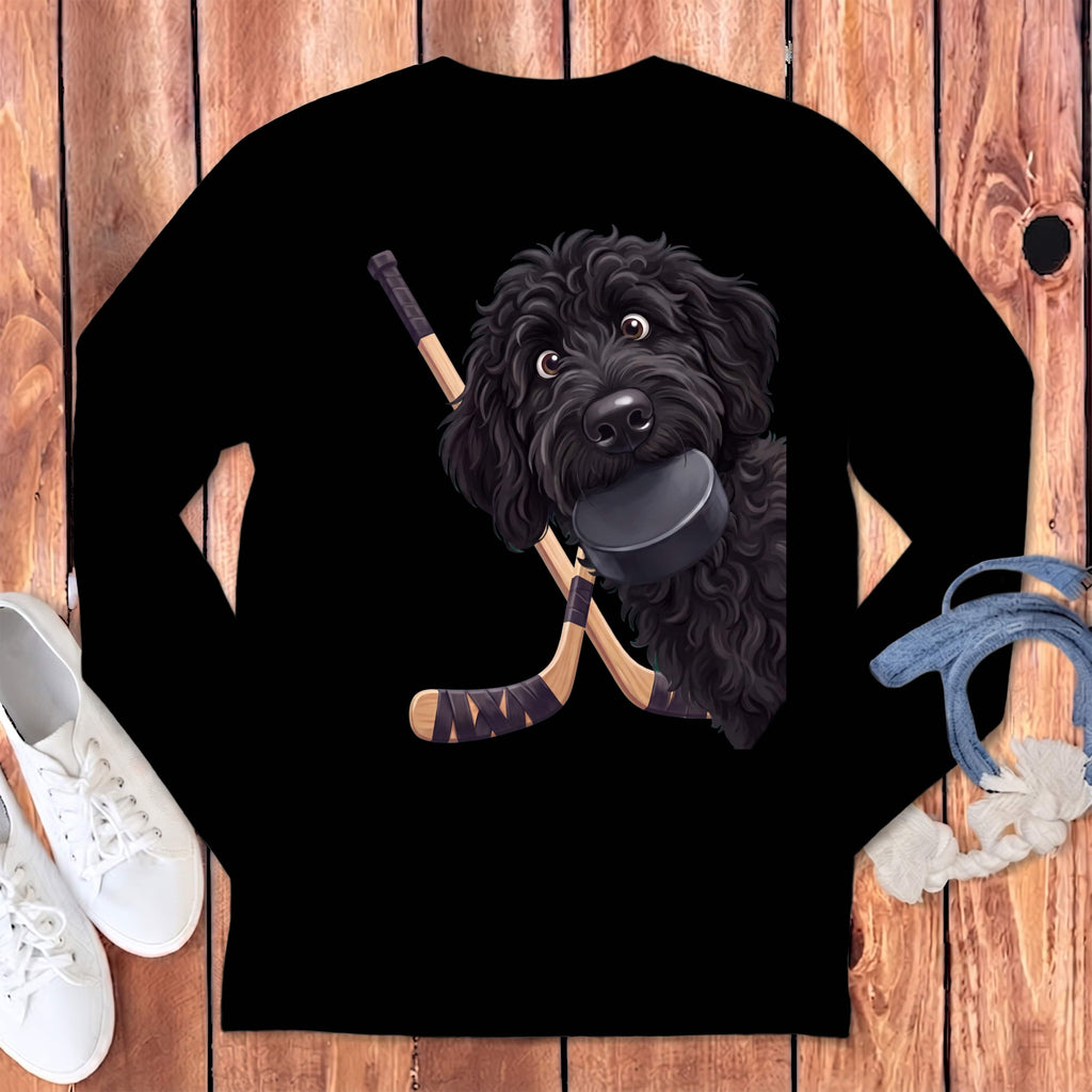 Black Goldendoodle Hockey Long Sleeve T-Shirt in Black / S by Puppy Jo