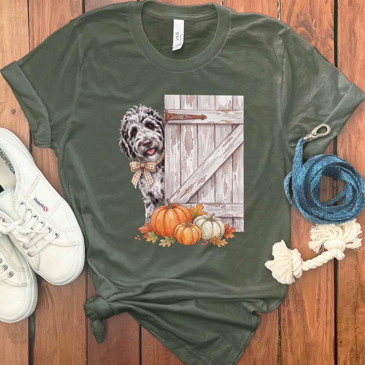 Merle Goldendoodle Barn Peeking T-Shirt in Military Green / S by Puppy Jo