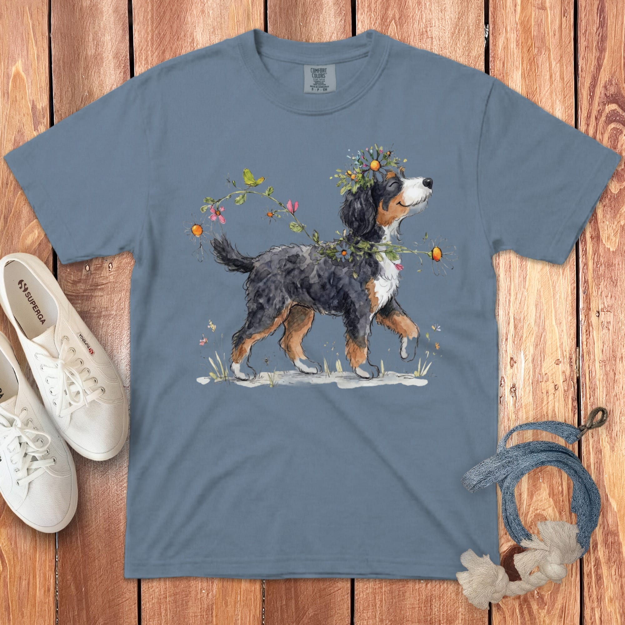 Bernese Mountain Dog wearing a floral crown, walking among flowers and butterflies.