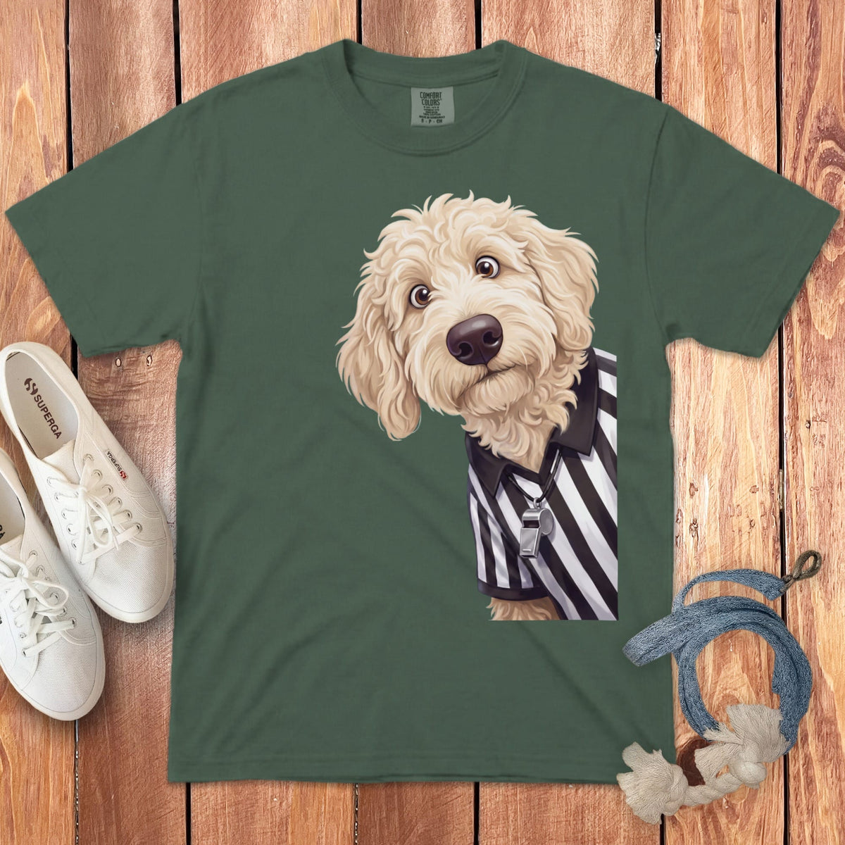 Cream Goldendoodle Football Referee Signature T-Shirt in Blue Spruce / S by Puppy Jo