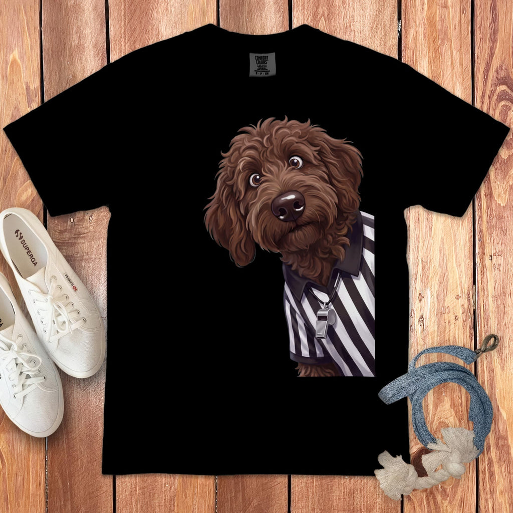 Chocolate Goldendoodle Football Referee Signature T-Shirt in Black / S by Puppy Jo