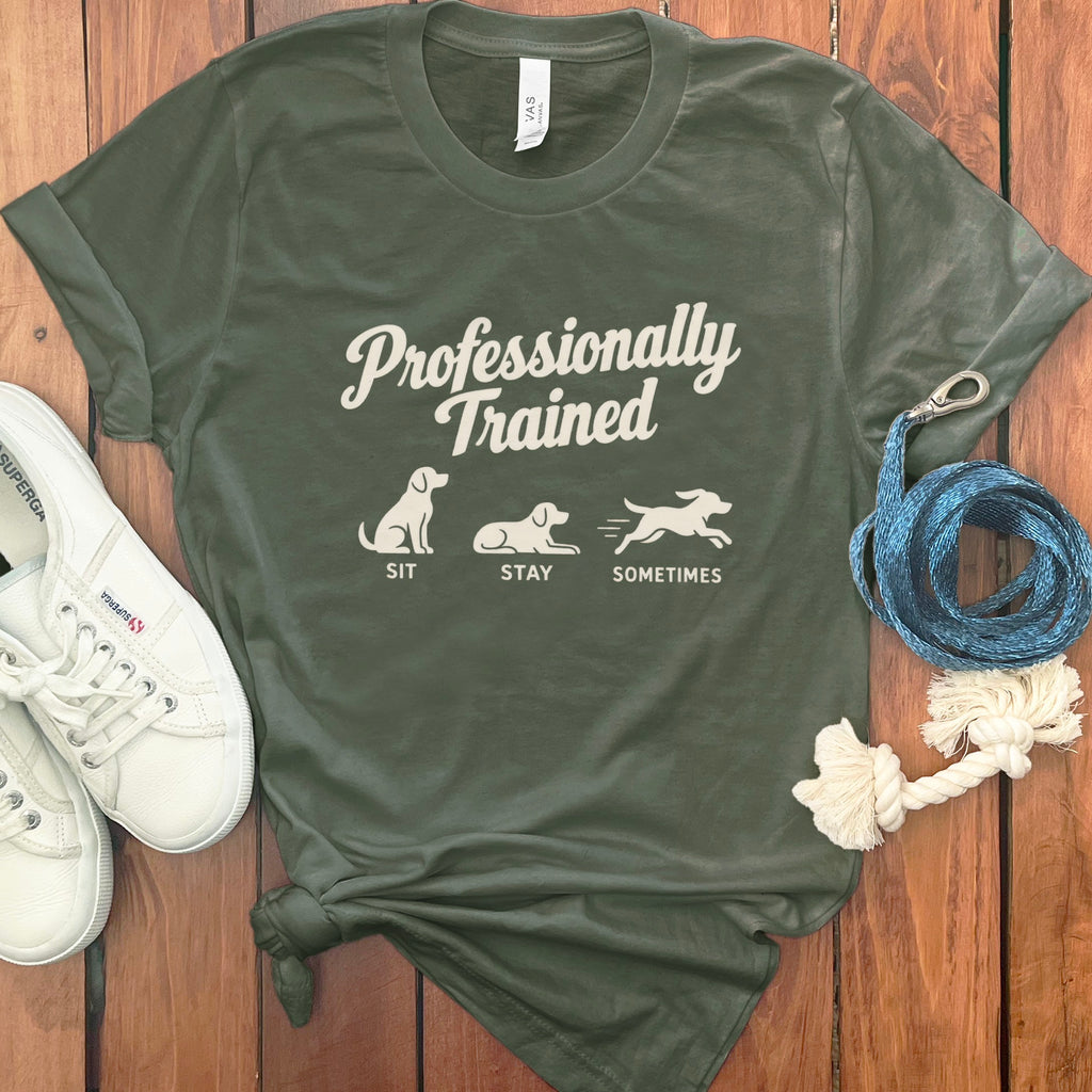 Olive green t-shirt with "Professionally Trained" text and dog silhouettes.