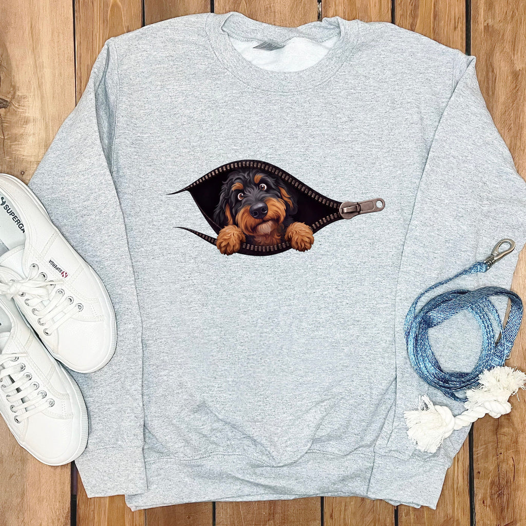 Phantom Goldendoodle Peeking Zipper Sweatshirt in Sport Grey / S by Puppy Jo