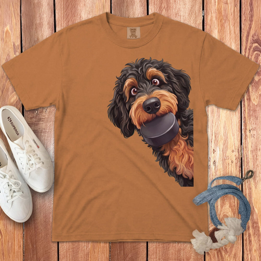 Phantom Goldendoodle Hockey Puck Signature T-Shirt in Yam / S by Puppy Jo