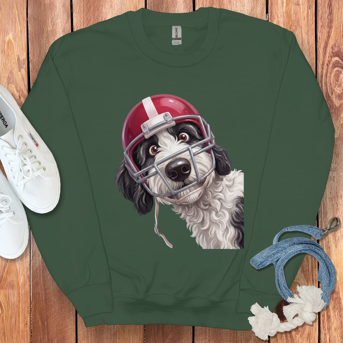 Sheepadoodle Football Helmet Sweatshirt in Forest Green / S by Puppy Jo