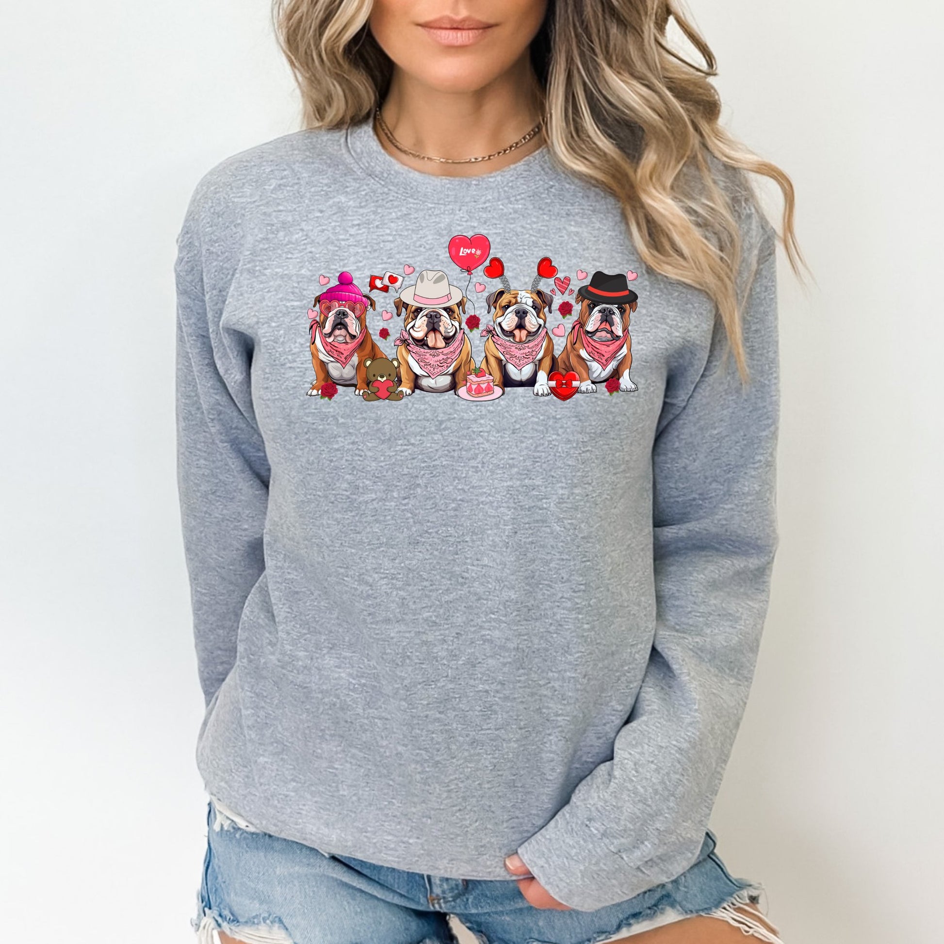 Bulldog Love Themed Valentine's Day Sweatshirt - PuppyJo Sweatshirt S / Sport Grey