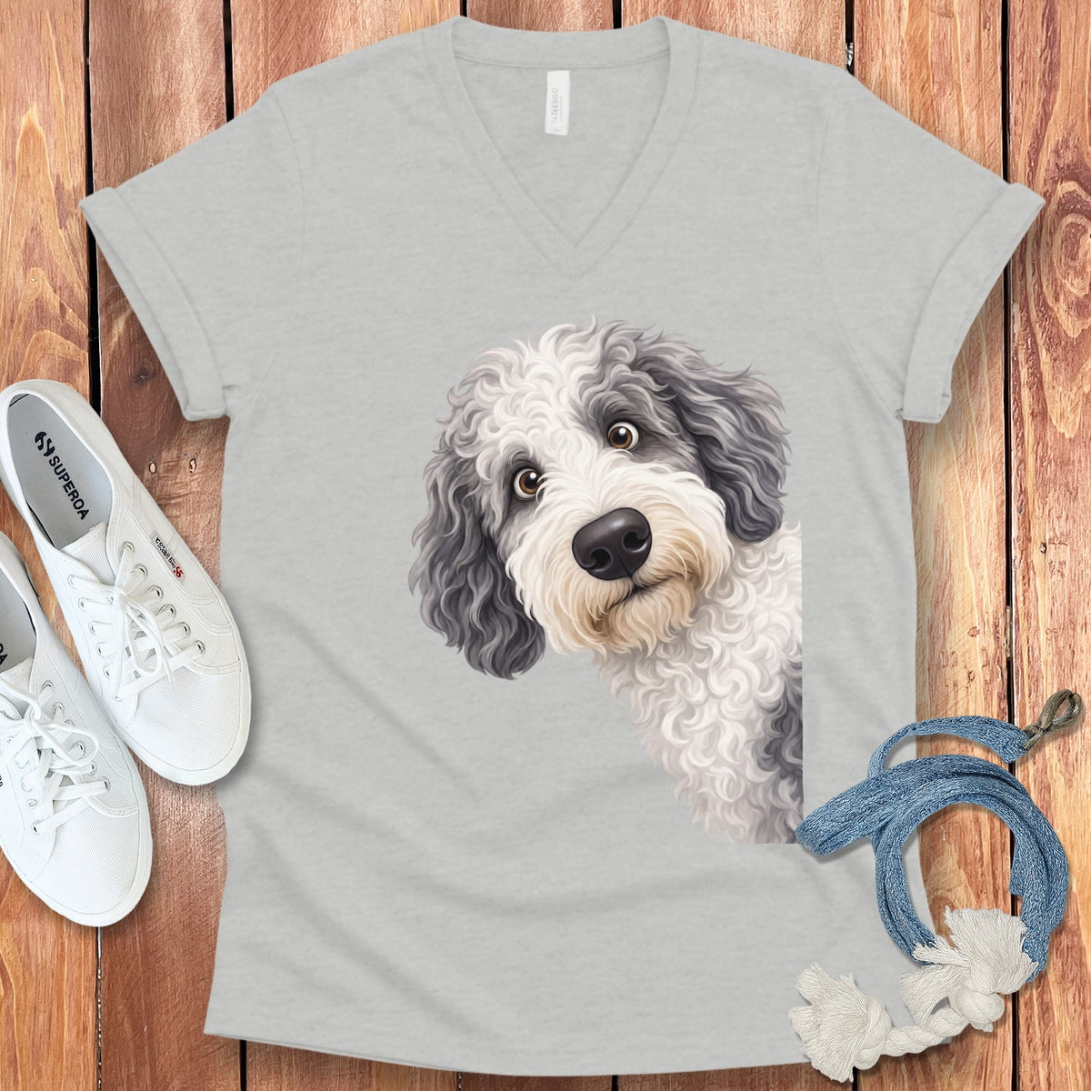 Funny Peeking Sheepadoodle V-Neck T-Shirt in Athletic Heather / S by Puppy Jo