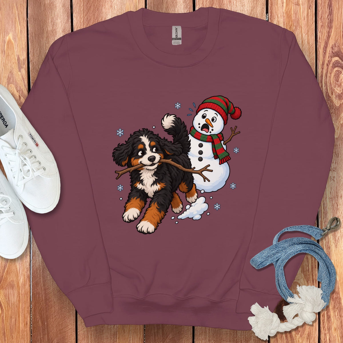 Bernedoodle Snowman Sweatshirt in Maroon / S by Puppy Jo