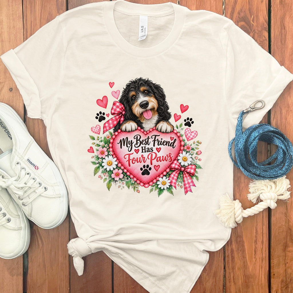 A cream t-shirt with a graphic of a Bernedoodle dog behind a large pink heart reading My Best Friend Has Four Paws, surrounded by flowers, hearts, and paw prints.