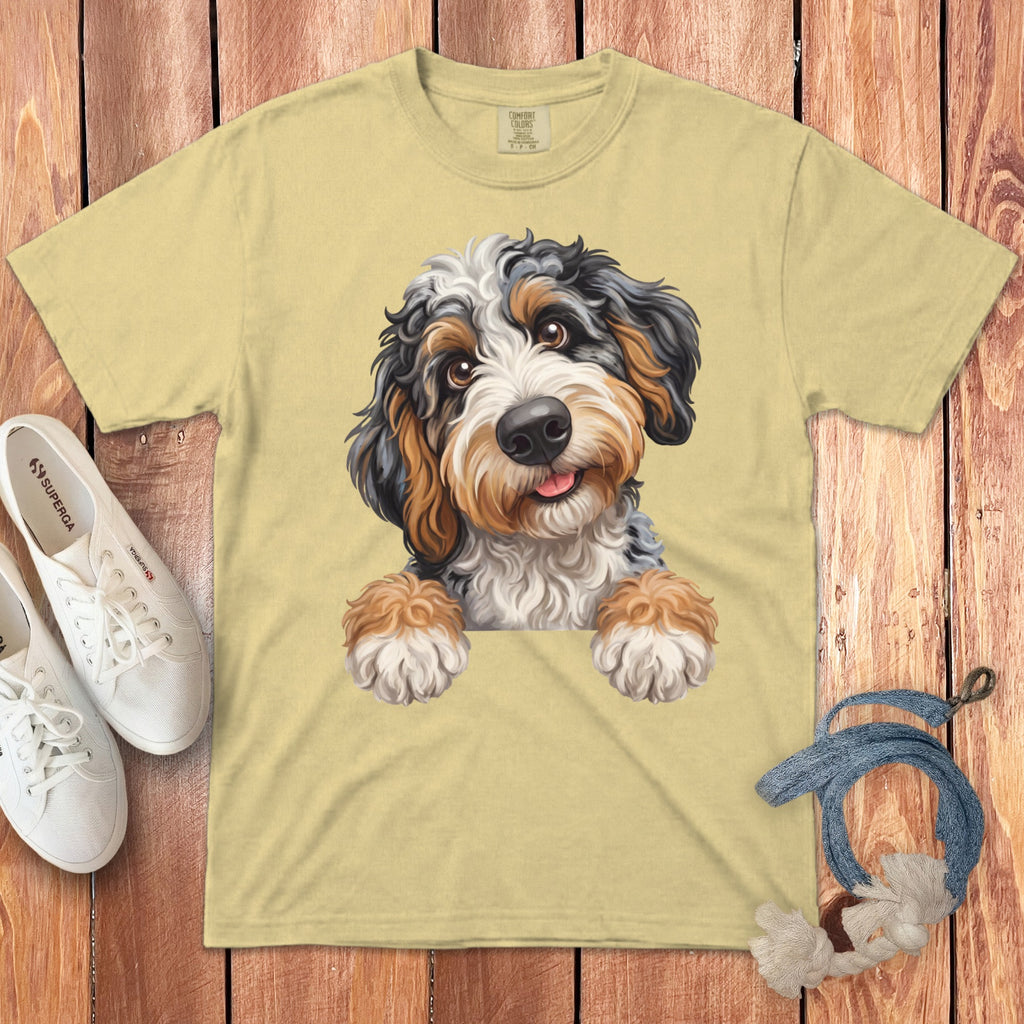 Yellow t-shirt with a Bernese Mountain Dog puppy illustration and "COMFORT COLORS" label.