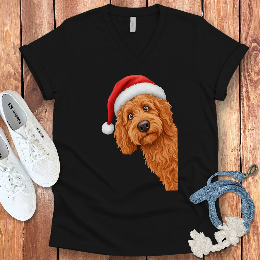 Apricot Goldendoodle Holiday Santa V-Neck T-Shirt in Black / S by Puppy Jo