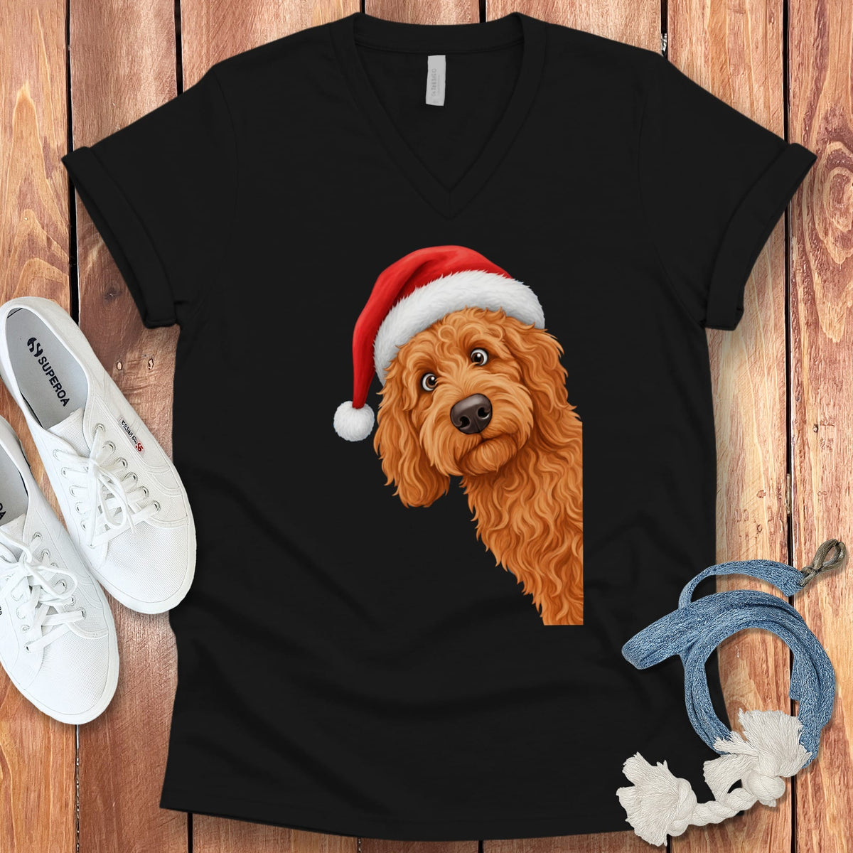 Apricot Goldendoodle Holiday Santa V-Neck T-Shirt in Black / S by Puppy Jo