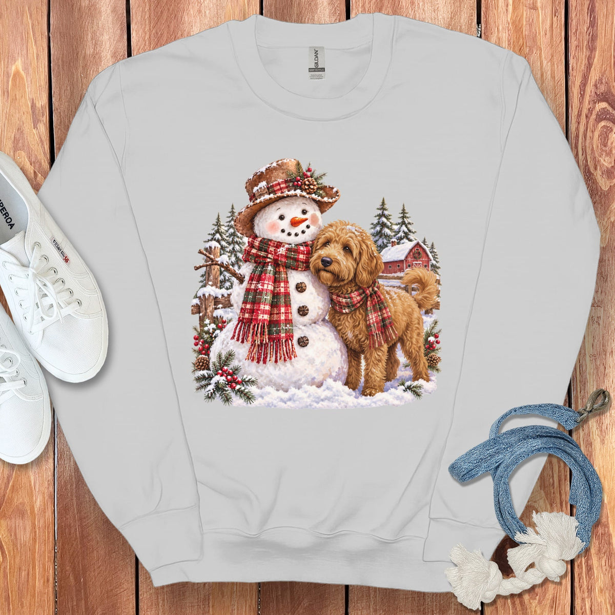 Apricot Goldendoodle Christmas Snowman Sweatshirt in Sport Grey / S by Puppy Jo