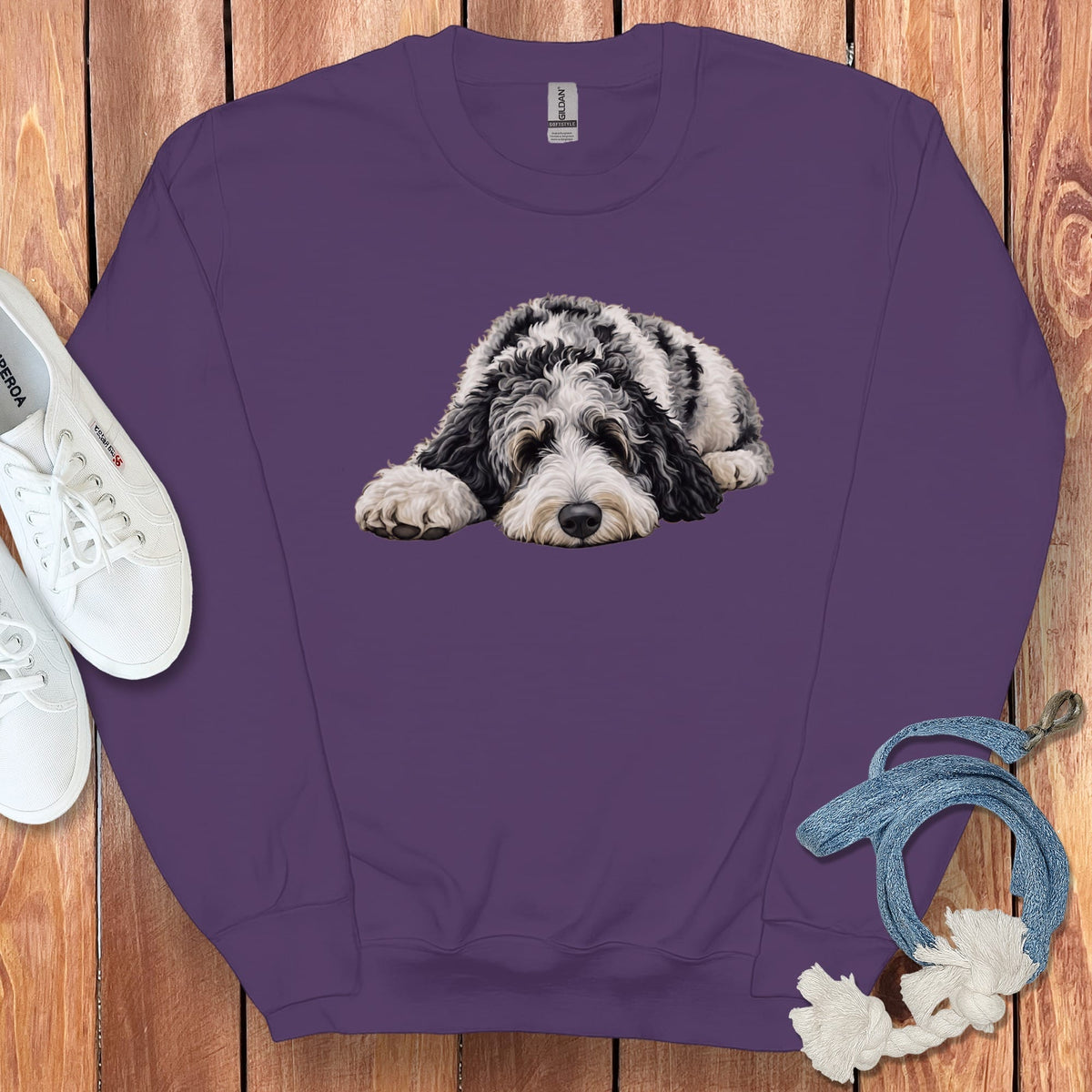 Merle Goldendoodle Snoozing Sweatshirt in Purple / S by Puppy Jo