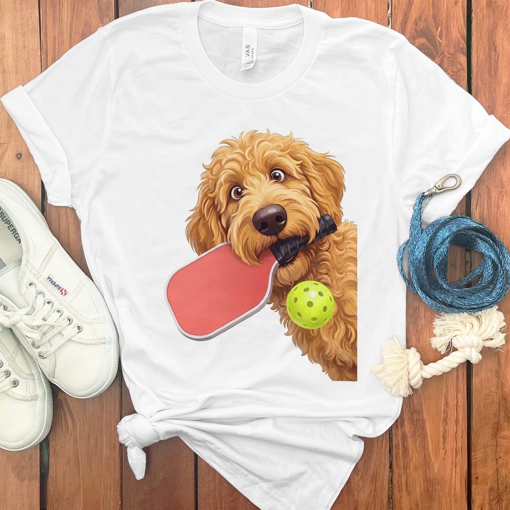 Golden Goldendoodle Pickleball T-Shirt in White / S by Puppy Jo