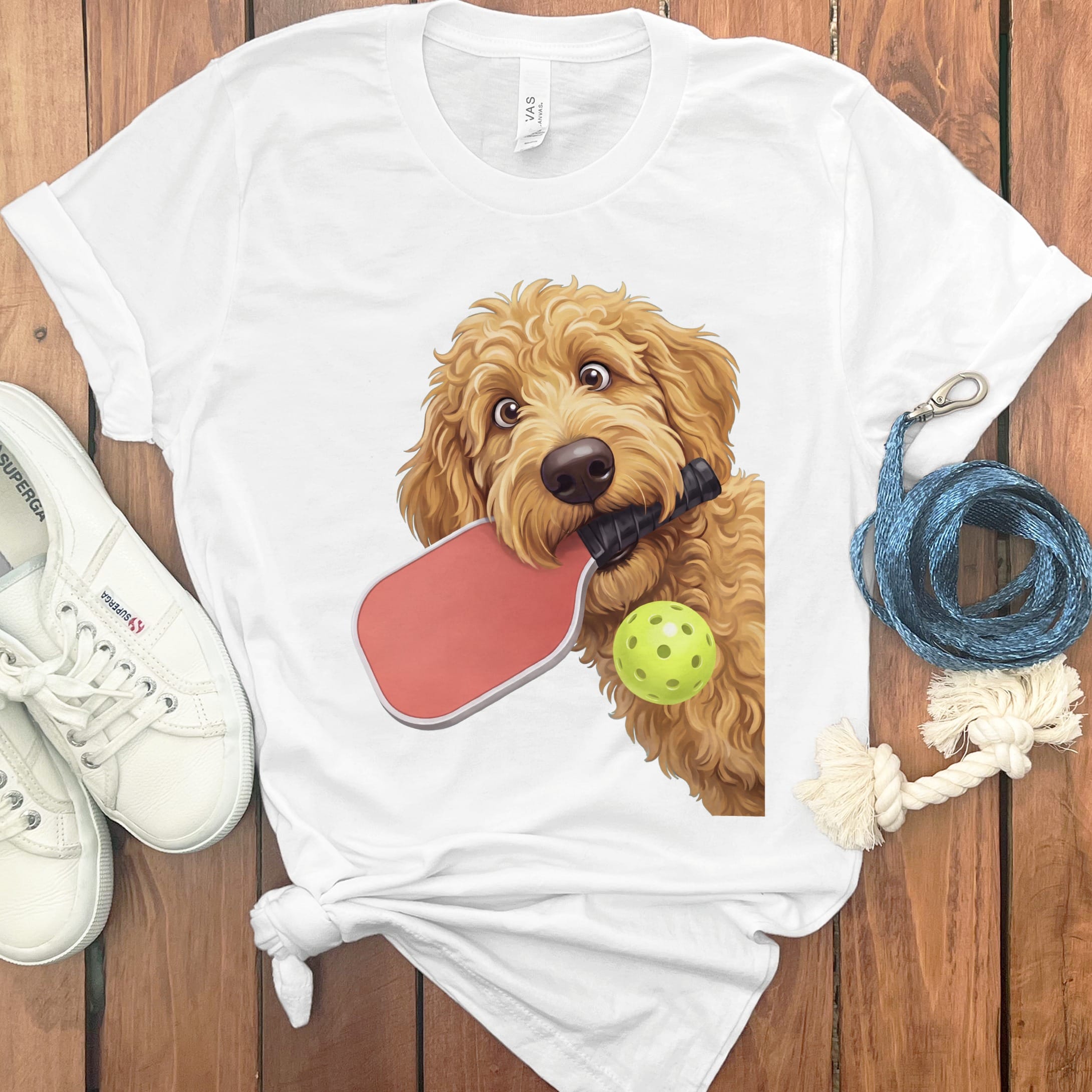 Golden Goldendoodle Pickleball T-Shirt in White / S by Puppy Jo