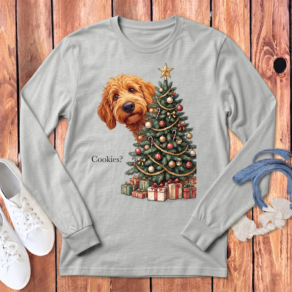Light gray long-sleeve shirt with a doodle dog peeking behind a decorated Christmas tree.