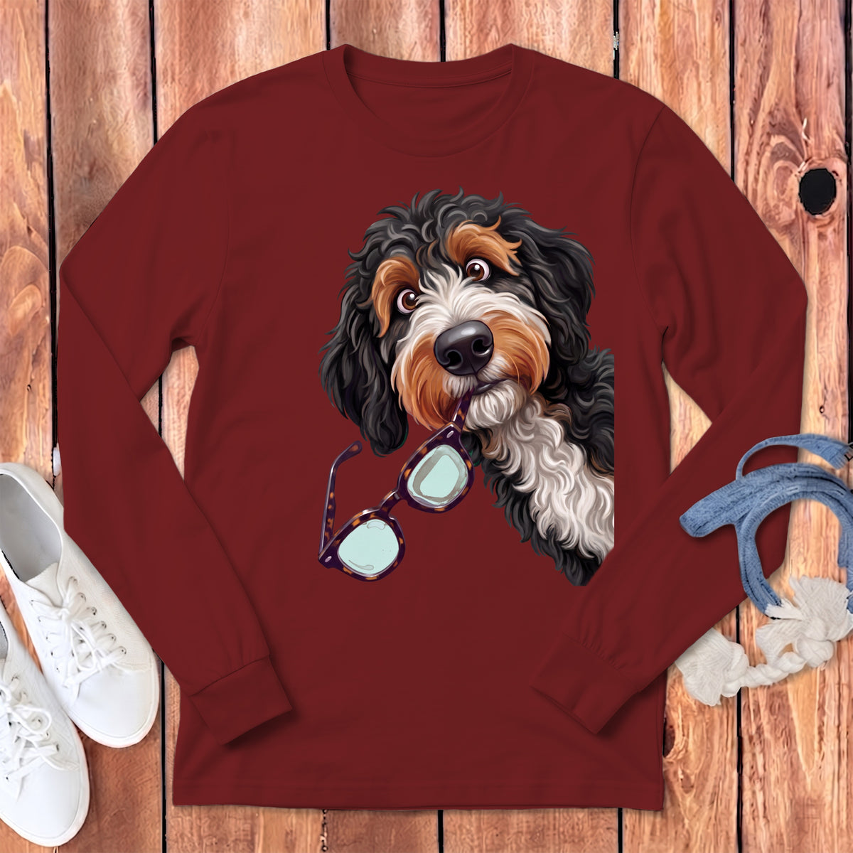 Maroon long-sleeved shirt featuring a graphic of a Bernedoodle dog holding glasses in its mouth.