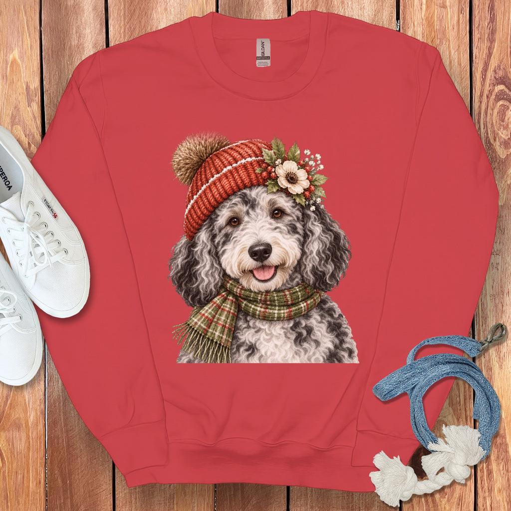 Red sweatshirt with a watercolor doodle dog wearing a hat and scarf.