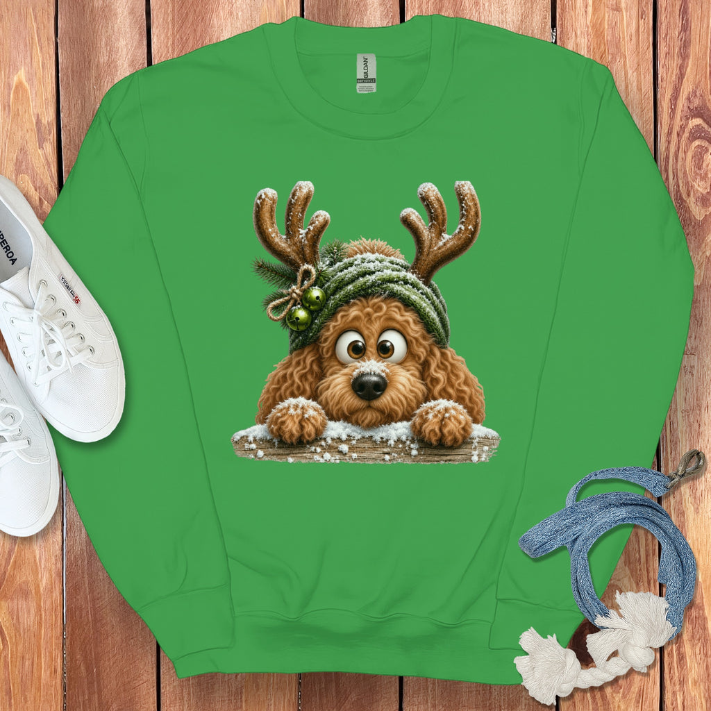 Green sweatshirt with a cartoon dog wearing reindeer antlers and a beanie.