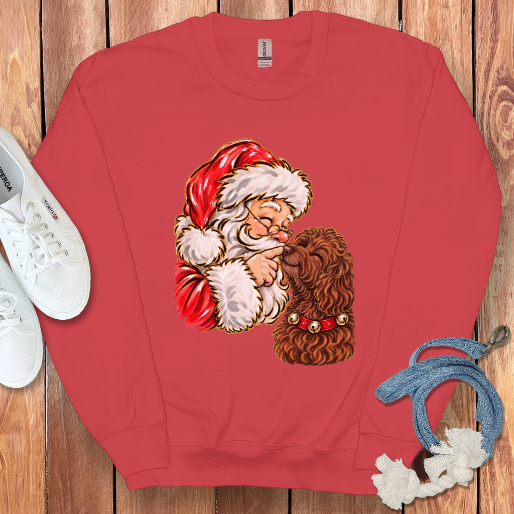Chocolate Goldendoodle Santa Kiss Sweatshirt in Red / S by Puppy Jo