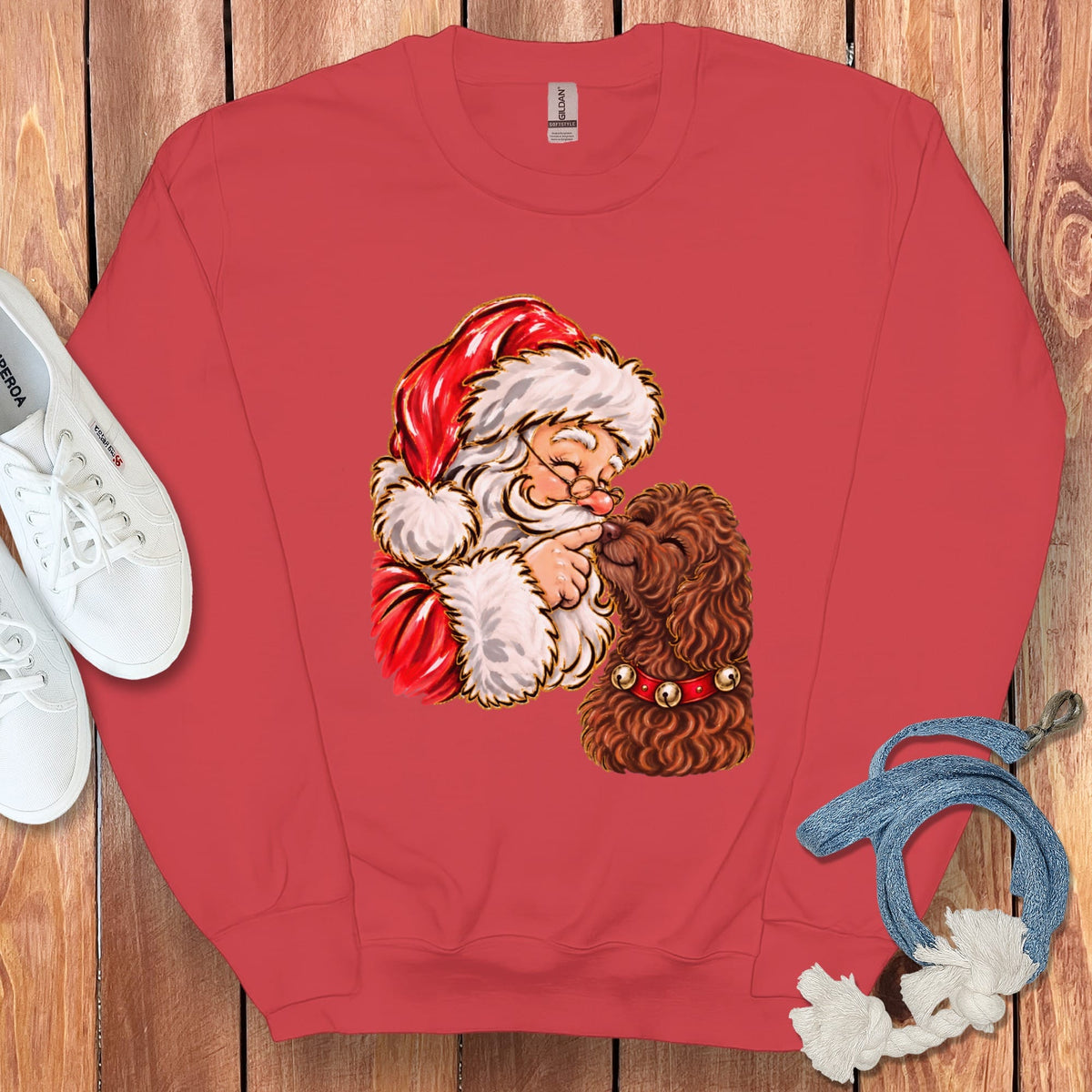 Chocolate Goldendoodle Santa Kiss Sweatshirt in Red / S by Puppy Jo
