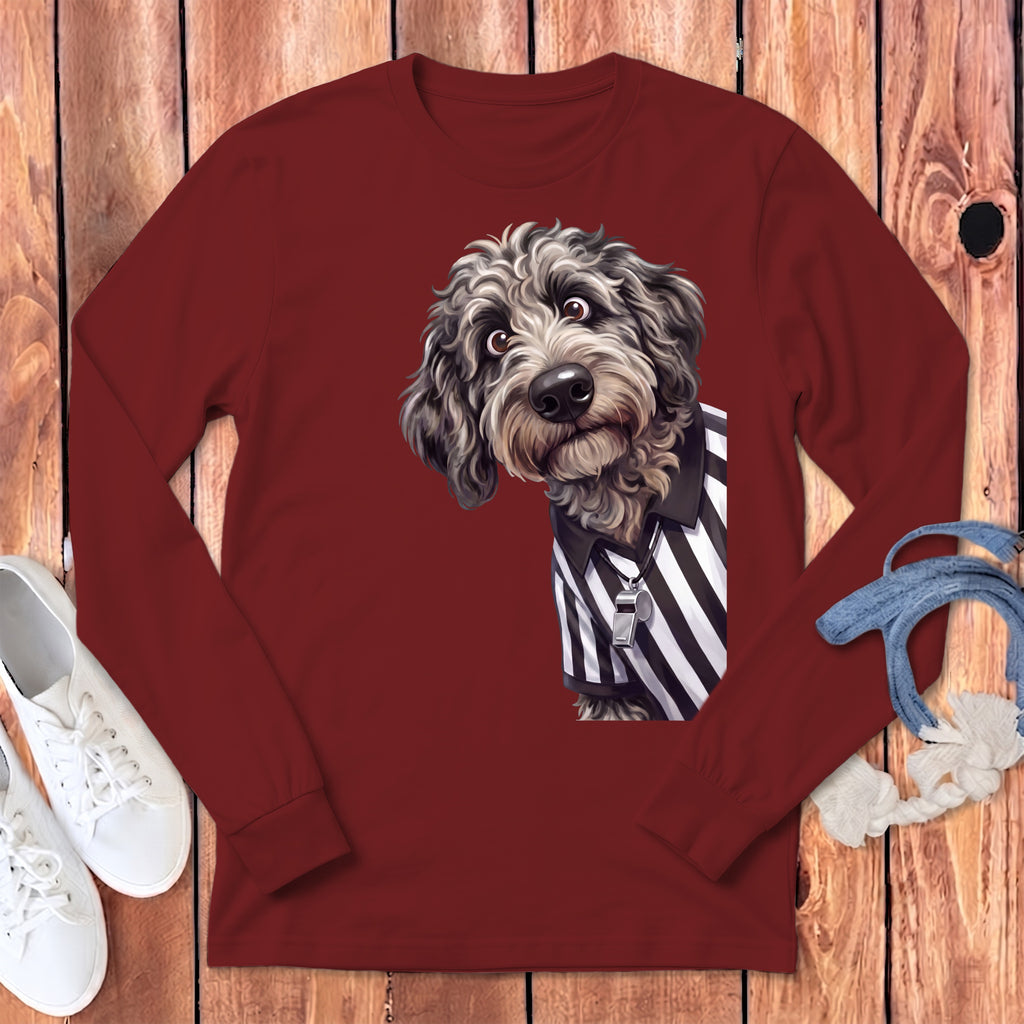 Maroon long-sleeve shirt featuring a doodle of a dog as a referee with a whistle.