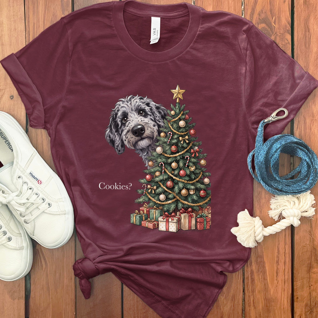 Maroon t-shirt with dog and Christmas tree graphic asking "Cookies?".