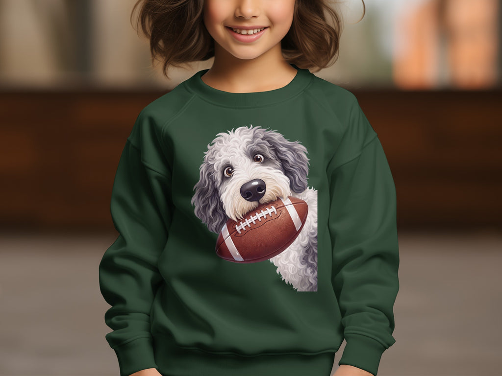 Green sweatshirt with a fluffy dog holding a football.