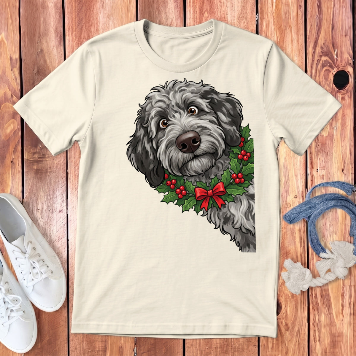Light-colored t-shirt featuring a cartoon dog wearing a holly wreath with a red bow.