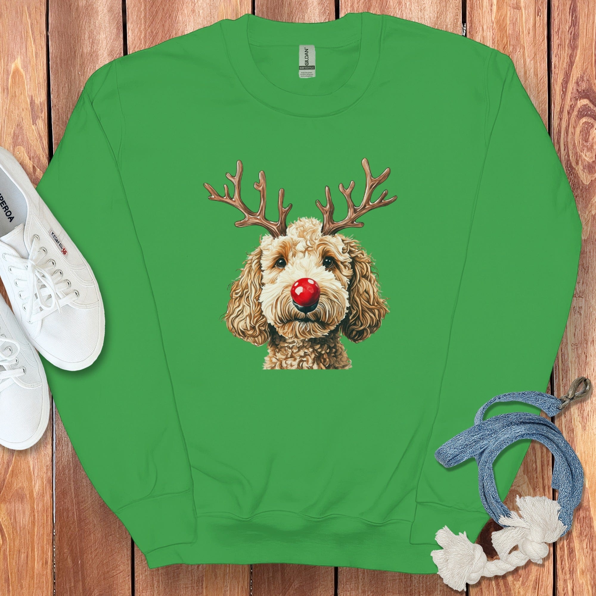Festive Dog with Reindeer Antlers and Red Nose Shirt