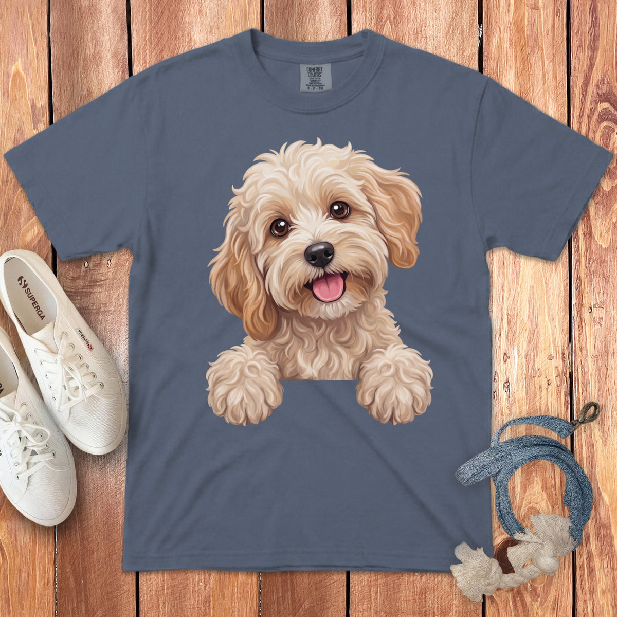 Slate blue t-shirt featuring a cartoon illustration of a fluffy, light-brown puppy resting its paws.