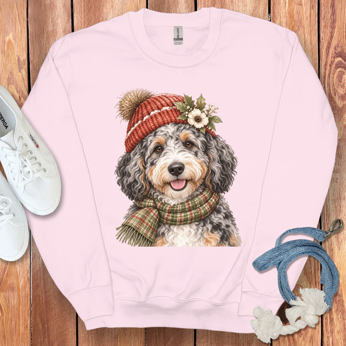 Pink sweatshirt with watercolor painting of a dog wearing a festive hat and scarf.