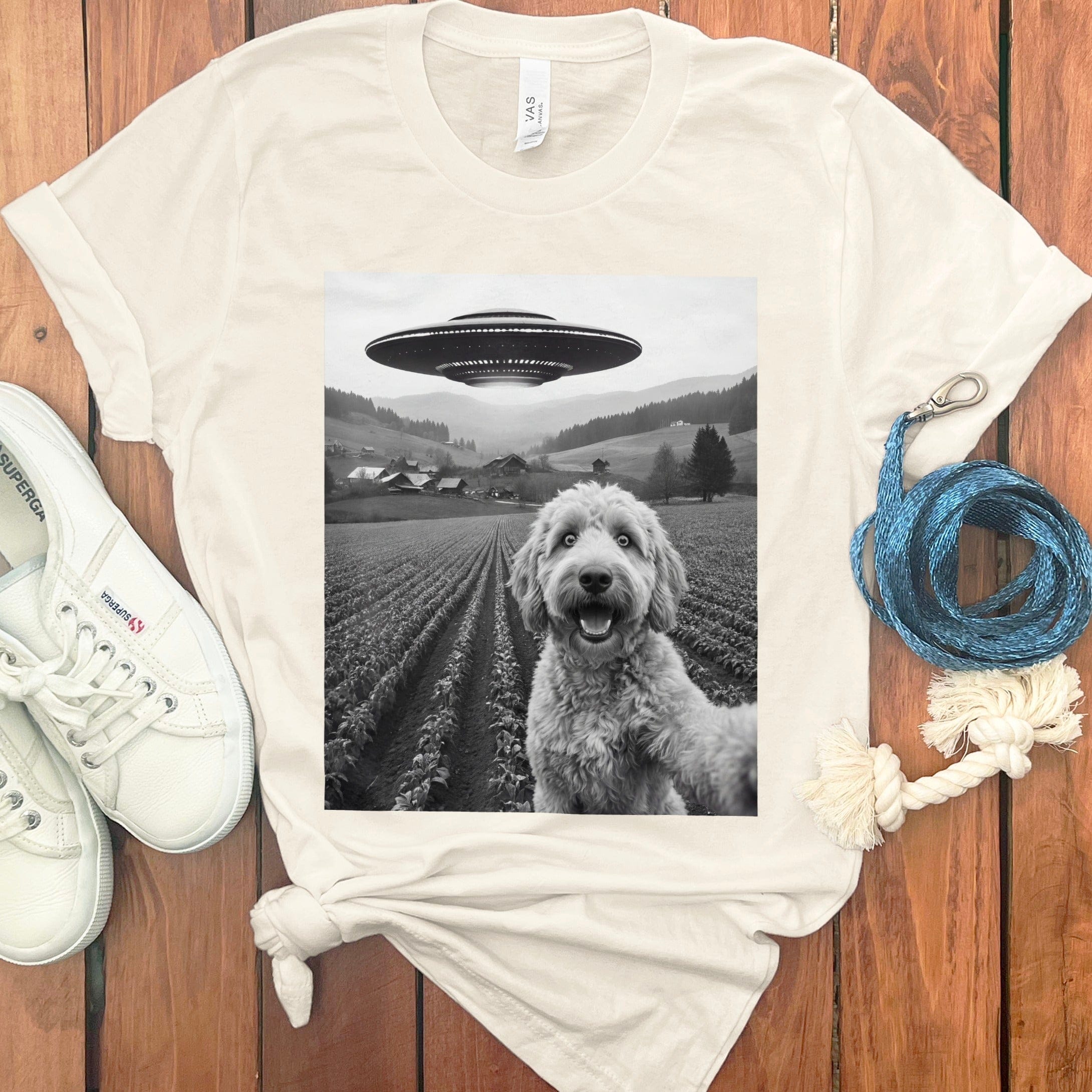 UFO and Dog in Countryside Black and White T-shirt
