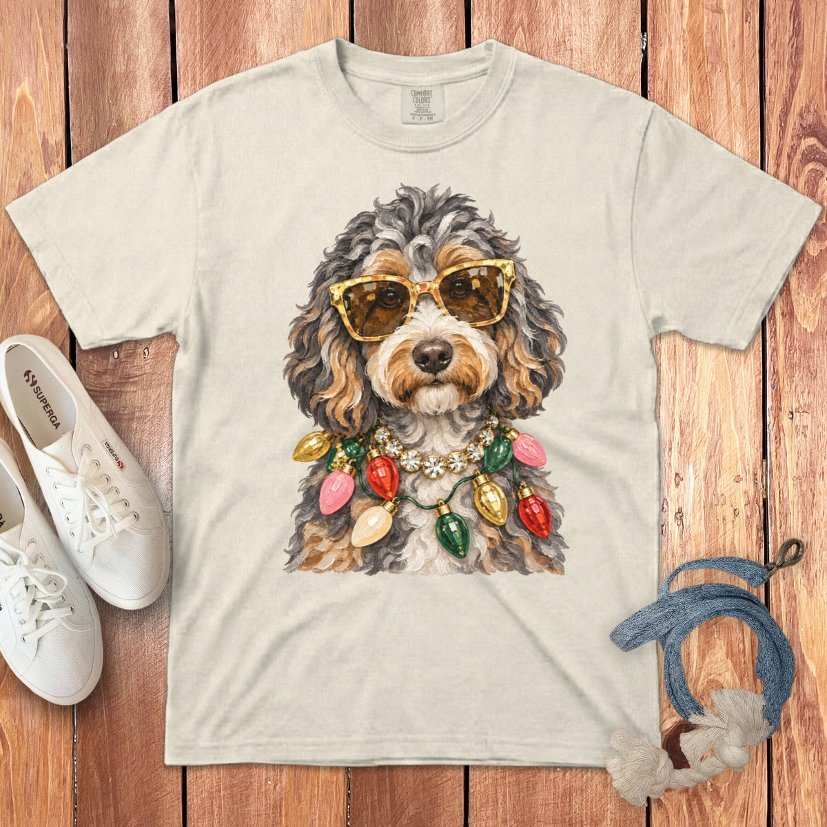 Dog wearing sunglasses and Christmas lights necklace on a cream t-shirt.