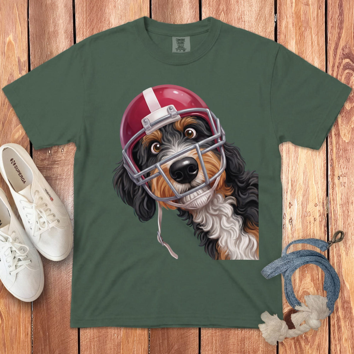 Bernedoodle Football Helmet Signature T-Shirt in Blue Spruce / S by Puppy Jo