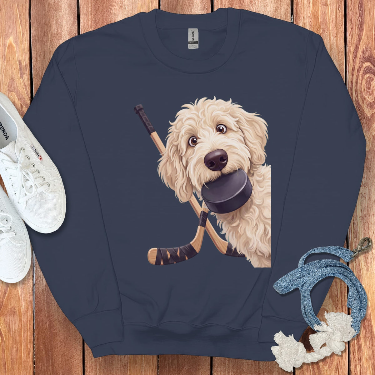 Cream Goldendoodle Hockey Sweatshirt in Navy / S by Puppy Jo