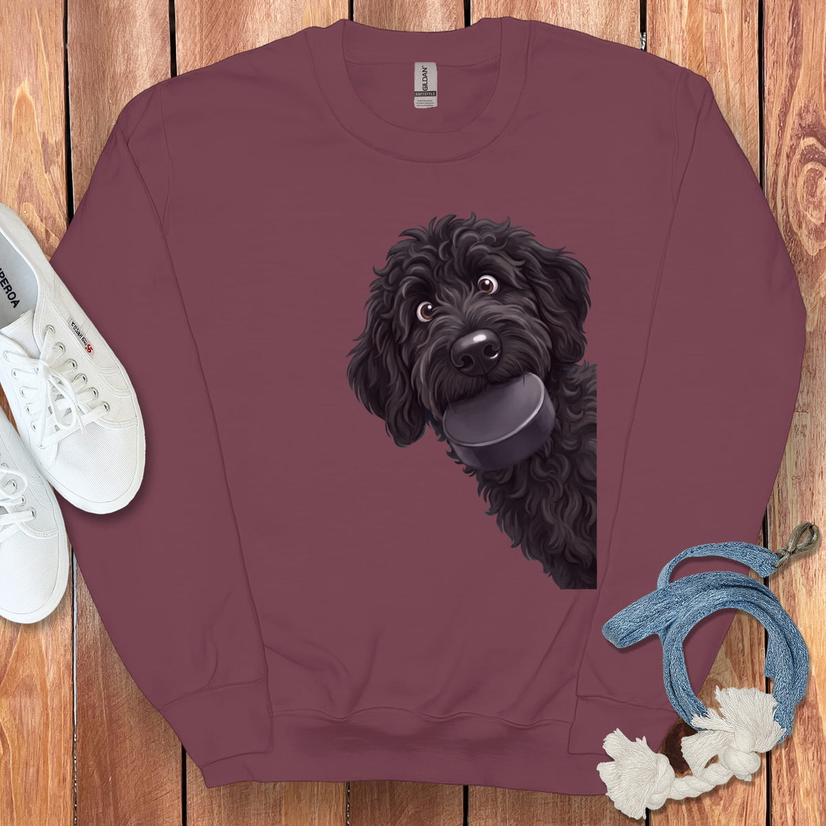Black Goldendoodle Hockey Puck Sweatshirt in Maroon / S by Puppy Jo