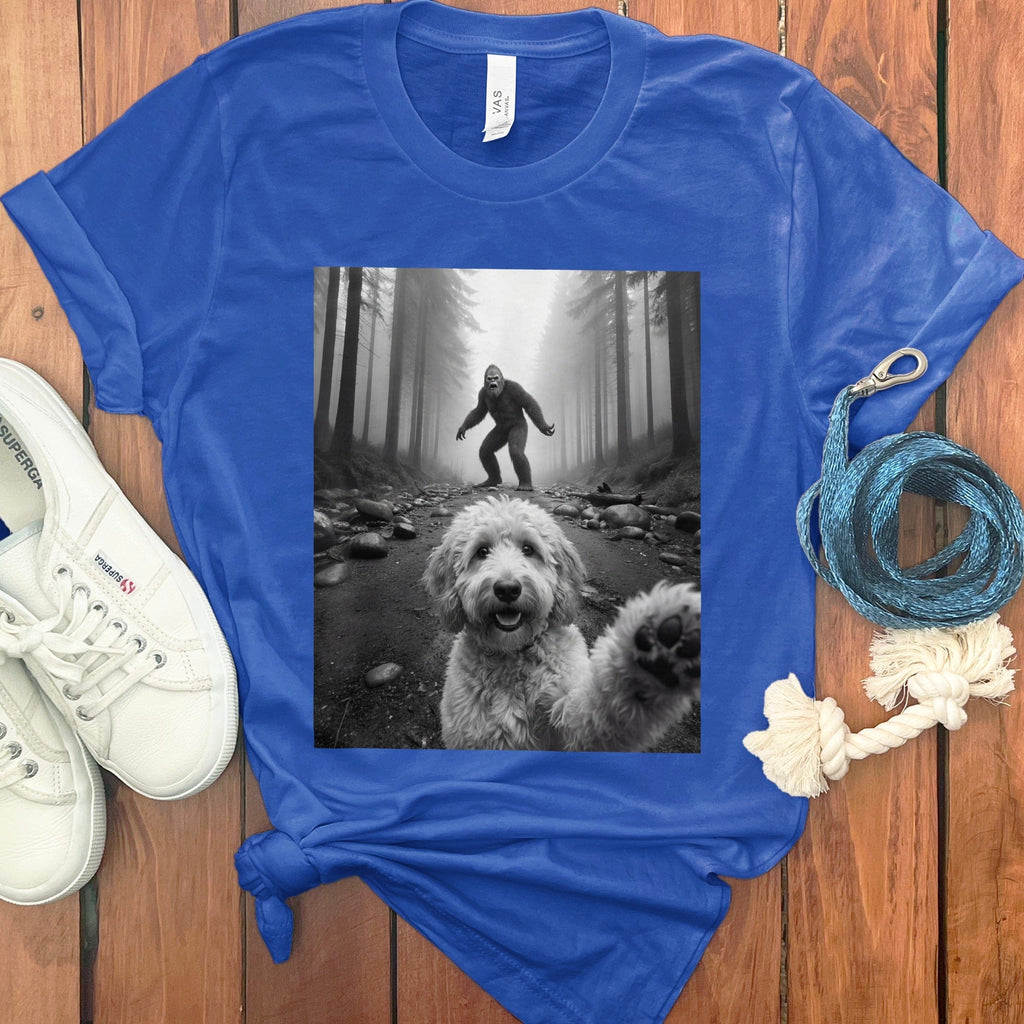 Blue T-shirt with Joyful Dog in Forest Design